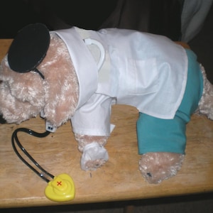 May include: A plush dog dressed in a doctor's costume, including a white lab coat, teal pants, and a black visor. A yellow heart-shaped stethoscope hangs nearby. The dog is light brown with a black nose.