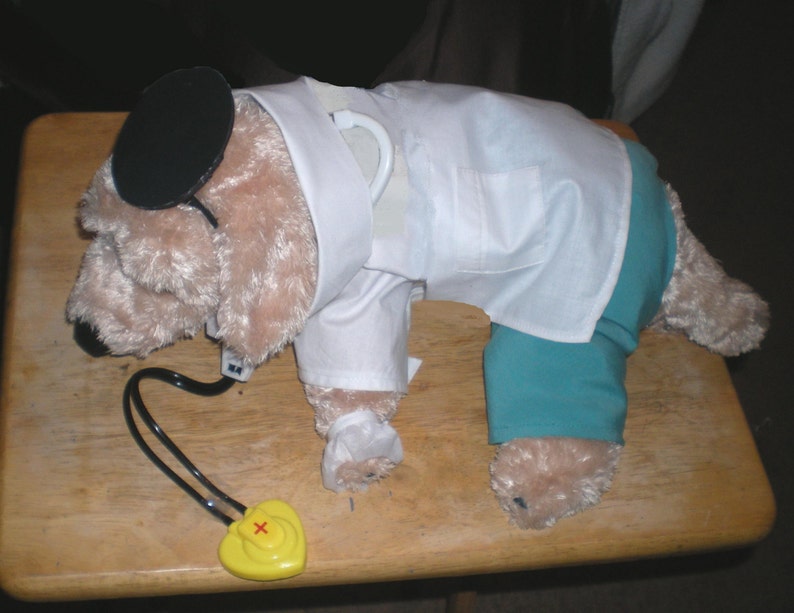 May include: A plush dog dressed in a doctor's costume, including a white lab coat, teal pants, and a black visor. A yellow heart-shaped stethoscope hangs nearby. The dog is light brown with a black nose.