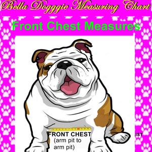 May include: A measuring chart for dogs, featuring a cartoon bulldog with white, brown, and black markings. The chart includes text that reads "Front Chest Measures" and "Front Chest (arm pit to arm pit)". The background is pink with paw prints.