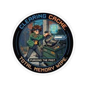 May include: A round sticker with a cartoon illustration of a person throwing a trash bag into a dumpster. The bag is labeled with "Regrets, Old Times, Errors." The sticker reads "Clearing Cache. Total Memory Wipe. Purging the Past."
