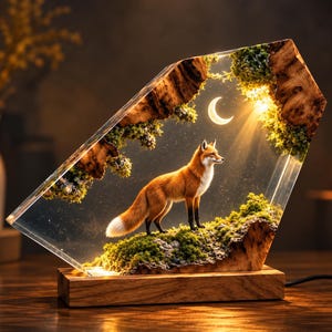 May include: A rectangular resin lamp featuring a fox standing on a mossy landscape with wood accents. The clear resin encases a scene with a crescent moon and light rays. The lamp is mounted on a rectangular wooden base with a power cord attached.