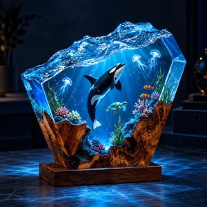 Op de afbeelding: Een decoratief beeld van hars en hout met een onderwaterscène met een orka, een zeeschildpad, twee anemoonvissen en drie kwallen. Het object heeft een helder, golfvormig bovendeel en een basis van natuurlijk hout met koraal en zeewier.