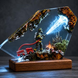 Peut inclure: Une sculpture décorative en résine représentant un pompier en équipement de protection projetant un jet d'eau bleu vif sur un château. La scène inclut un camion de pompiers rouge miniature, des flammes orange et un terrain rocheux sur un socle en bois.