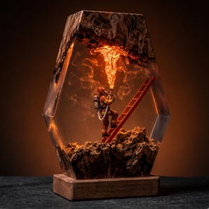 Puede incluir: Una lámpara hexagonal de resina y madera con un bombero en miniatura con equipo de protección subiendo una escalera roja. La escena está iluminada desde el interior, proyectando un cálido resplandor naranja que imita llamas y humo.