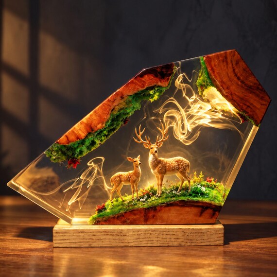 Deer Resin Lamp, Epoxy Wood Night Light, Christmas Gift, Unique Nature Gift for Him & Her