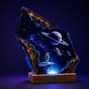 May include: A decorative resin lamp featuring a space scene with a planet with rings, two astronauts, and a satellite. The scene is encased in a translucent, angular resin block with textured brown edges, mounted on a rectangular wooden base.