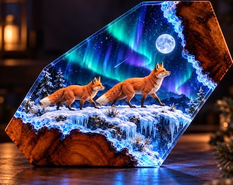 Puede incluir: Un bloque decorativo de resina y madera con una escena en 3D de dos zorros caminando sobre un acantilado nevado y helado bajo un cielo nocturno con luna llena y auroras boreales verdes y moradas, enmarcado por madera natural.