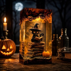 Black Cat Witch Resin Lamp, Reading Wizard Cat Figurine Table Night Light Spooky Halloween Decor, Book Lover Gift, Gothic Bookshelf Light