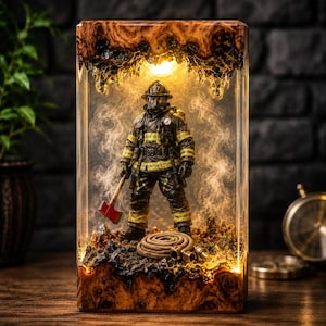 May include: A rectangular resin and wood lamp featuring a miniature firefighter figurine in full gear, holding a red axe. The scene includes a coiled hose and glowing amber light effects, creating a smoky atmosphere within the clear resin block.