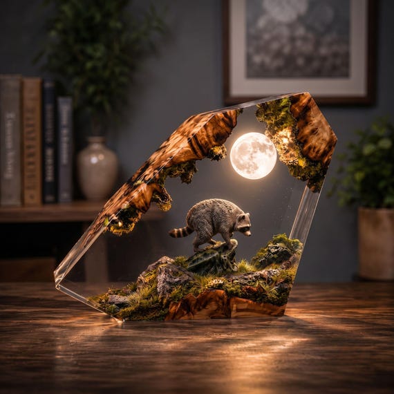 A raccoon named Jimothy lives inside a diamond-shaped resin moon lamp — this is peak 'a real person made this unhinged, wonderful thing' energy.