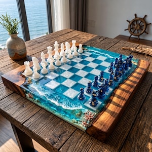 Könnte beinhalten: Ein Schachspiel mit einem Brett aus Holz und blauem Harz in Wellenoptik. Das Brett hat halbtransparente weiße und blaue Felder. Die Schachfiguren sind weiß und blau, einige mit goldenen Akzenten. Die Ränder des Brettes bestehen aus natürlichem Holz.