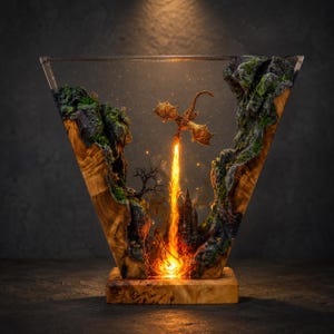May include: A V-shaped resin and wood lamp featuring a miniature golden dragon in flight, breathing a stream of bright orange light down toward a small castle structure nestled between two mossy, rocky cliffs with natural wood grain edges.