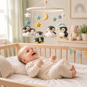 Patrón de móvil de ganchillo para bebé en PDF, patrón de pingüino de ganchillo fácil, móvil colgante de ganchillo para guardería, regalo para baby shower (descarga en PDF)