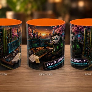 May include: A ceramic mug with a bright orange interior and handle, featuring a wrap-around graphic of a panda wearing a green hoodie, sitting at a computer desk with multiple monitors, server towers, and cherry blossoms, labeled Panda: Breakthrough Code.