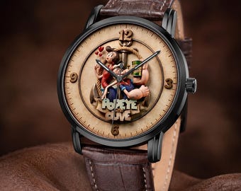 Orologio di Popeye e Olive Oyl / Quadrante 3D retrò da marinaio con cinturino in pelle marrone