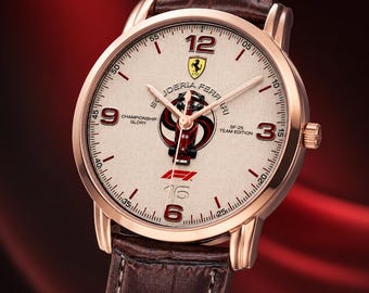 Racing Uhr im Ferrari Stil | Charles Leclerc 16 F1 Geschenk, Lederarmband Kroko | Luxus Sportuhr Herren Analog Quarzwerk Joventra