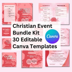Puede incluir: Un kit de plantillas Canva editables para eventos cristianos, con 30 plantillas. Las plantillas son de color rosa e incluyen programas, horarios y certificados. El texto incluye "Women Arise" y detalles del evento.