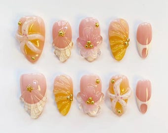 3D gele zeesternagels/persnagels lange amandelnagels/vakantienagels/3D gelbloemnagels/gele ombrenagels/verjaardagsnagels/aangepaste nagels
