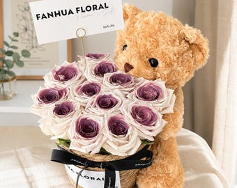 Bear and Rose Bouquet Gift Set, Lifelike Roses, Woven Basket, Fairy Lights