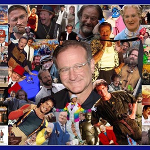 May include: A collage of images featuring Robin Williams, including portraits and movie posters. The images are arranged in a grid pattern, with a blue border. The collage showcases Williams's various roles and expressions.