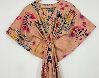 Vestido caftán de algodón estampado a mano con estampado floral, vestido largo estilo boho para la playa, ropa holgada para estar en casa.