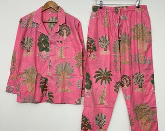 Pyjamaset van katoen met bloemenprint, handbedrukte pyjamaset, damesnachtpak, comfortabele loungewear, zachte nachtkleding, kerstcadeau