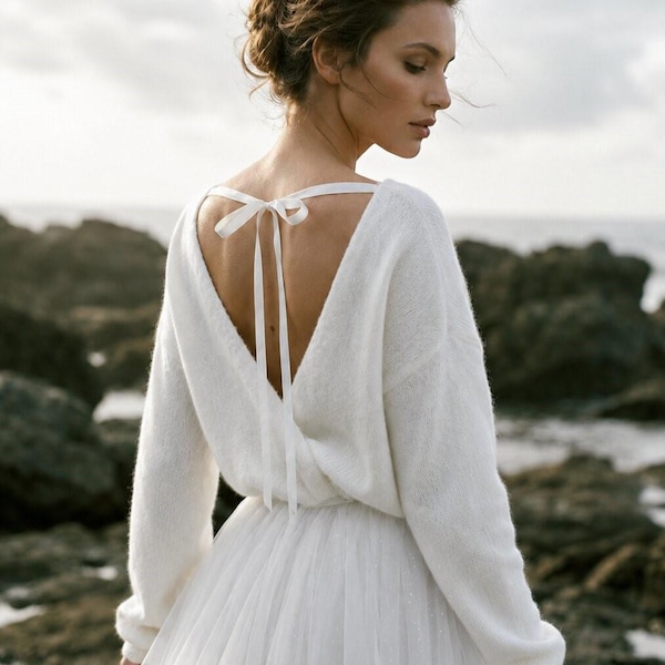 Bridal Overlay Long Sleeve Topper Wedding Wrap Top Knit Cardigan White Bolero Shrug