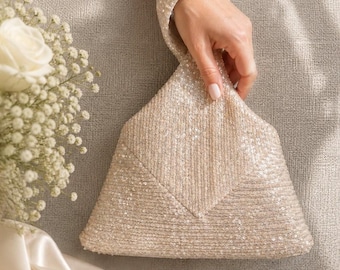 Champagne Wedding Clutch Evening Bag For Wedding Beaded Purse Bridal Party Dance Bag