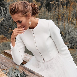 Wedding Cashmere Jacket  with buttons, Ivory Bridal Jacket, Winter Bride Cover up, Wedding dress top long sleeves, Crop coat Evening dress