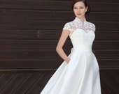 Simply elegant  satin wedding dress with a сotton lace topper with collar  in a Kate Middleton Style
