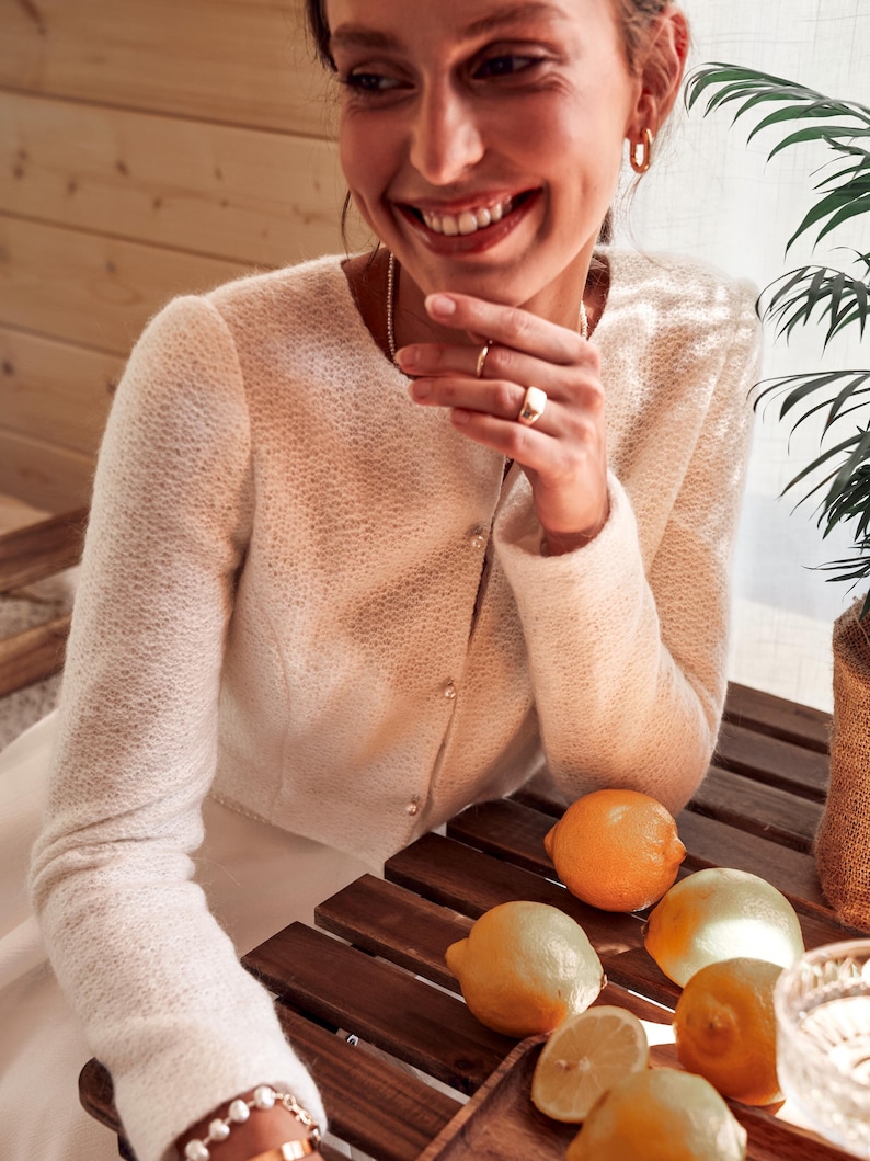 Off white mohair bridal sweater with pearl buttons, wool wedding cardigan cover up for bride, rustic wedding topper coat with soft lining