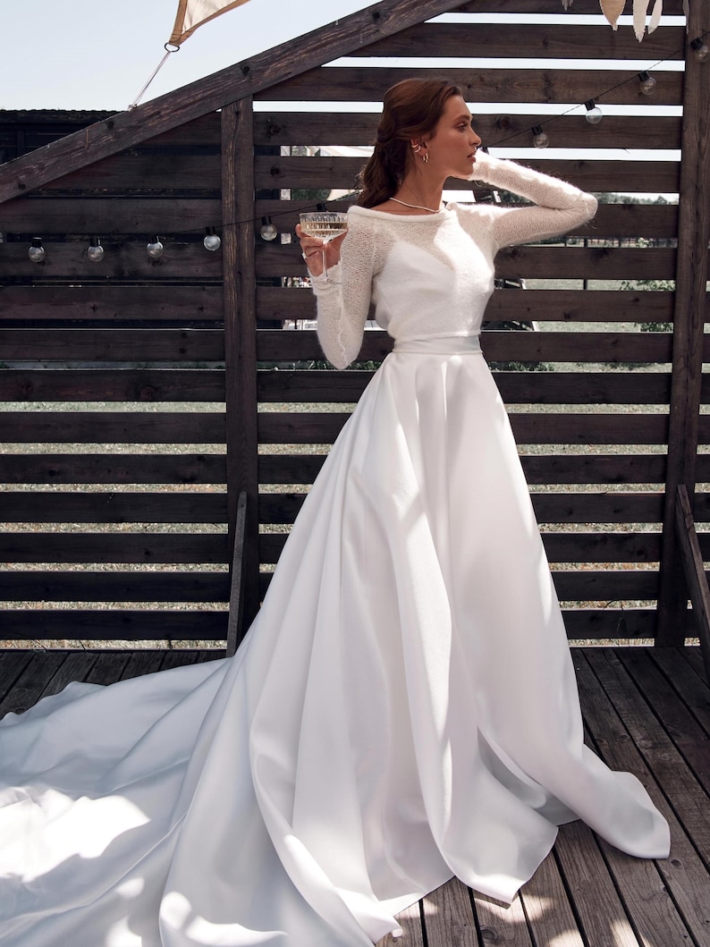 Ivory mohair bridal bolero open back wedding shrug long sleeve knit topper elegant bride cover up for wedding dress