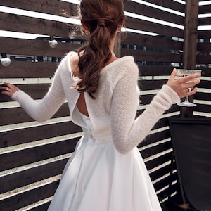 Ivory mohair bridal bolero open back wedding shrug long sleeve knit topper elegant bride cover up for wedding dress
