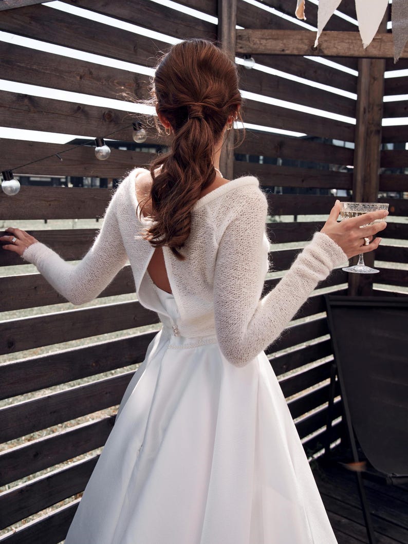 Ivory mohair bridal bolero open back wedding shrug long sleeve knit topper elegant bride cover up for wedding dress