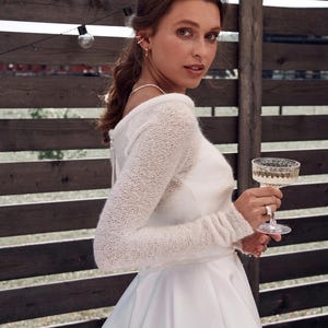 Ivory mohair bridal bolero open back wedding shrug long sleeve knit topper elegant bride cover up for wedding dress