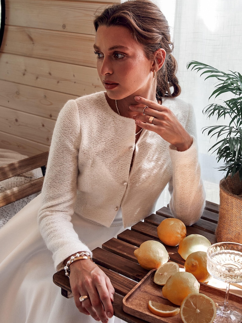 Off white mohair bridal sweater with pearl buttons, wool wedding cardigan cover up for bride, rustic wedding topper coat with soft lining