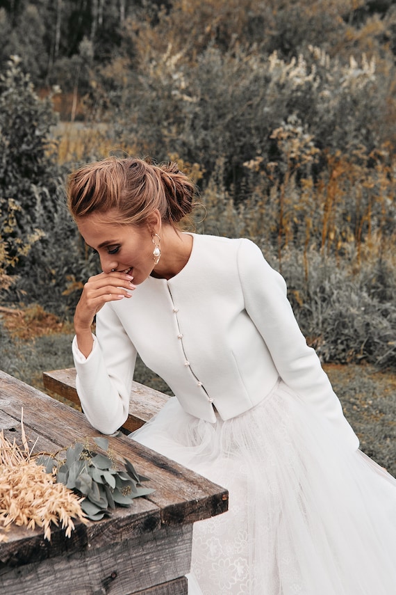 Wedding Cashmere Jacket with buttons, Ivory Bridal Jacket, Winter Bride Cover up, Wedding dress top long sleeves, Crop coat Evening dress