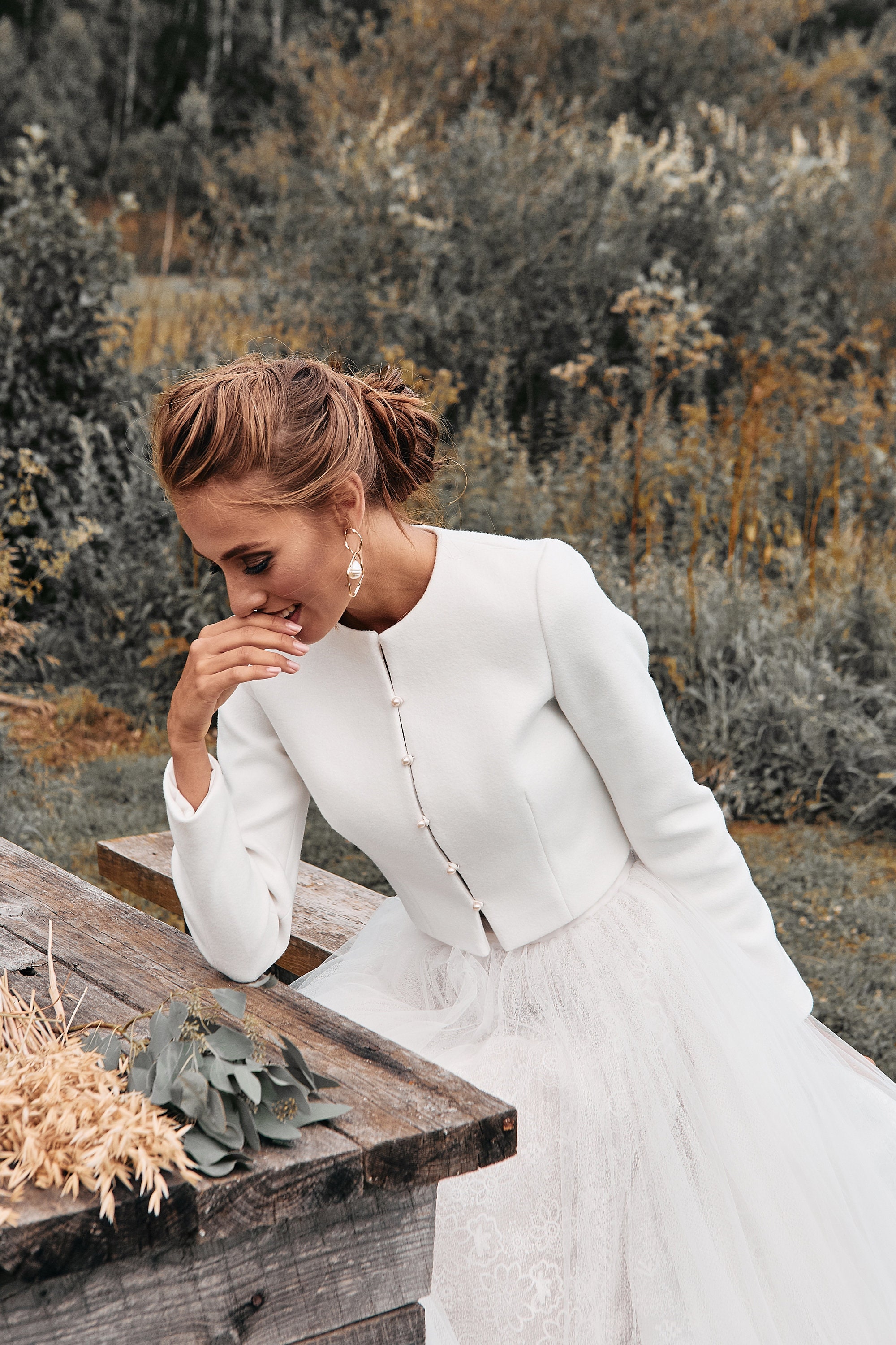 Wedding Cashmere Jacket With Buttons, Ivory Bridal Jacket, Winter Bride  Cover Up, Wedding Dress Top Long Sleeves, Crop Coat Evening Dress