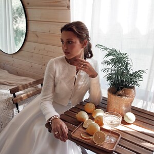 Off white mohair bridal sweater with pearl buttons, wool wedding cardigan cover up for bride, rustic wedding topper coat with soft lining