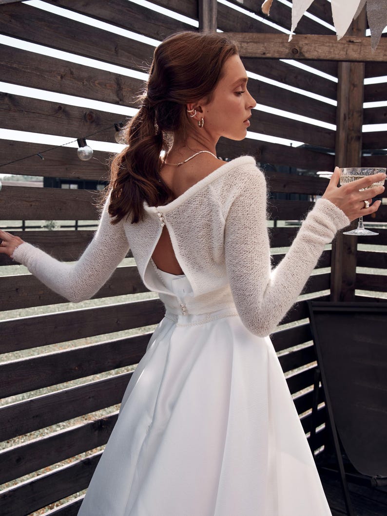 Ivory mohair bridal bolero open back wedding shrug long sleeve knit topper elegant bride cover up for wedding dress