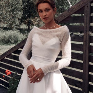 Ivory mohair bridal bolero open back wedding shrug long sleeve knit topper elegant bride cover up for wedding dress