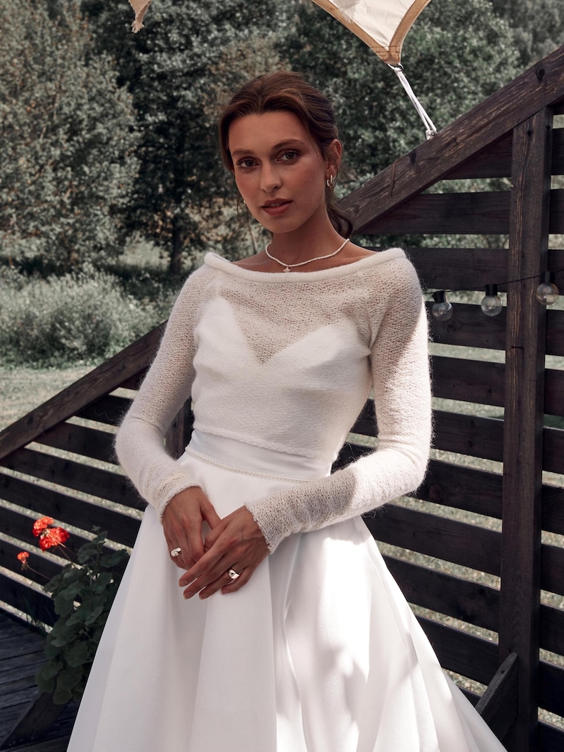 Ivory mohair bridal bolero open back wedding shrug long sleeve knit topper elegant bride cover up for wedding dress