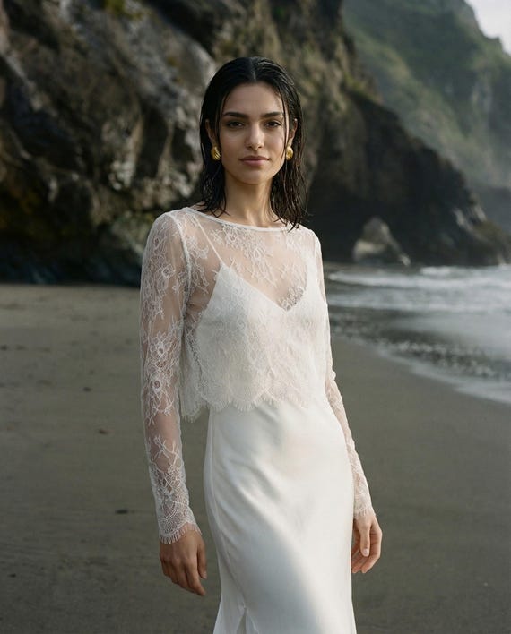 lace overlay top for dress Bridal Lace Topper Wedding Dress Overlay Long Sleeve Lace Cover up for  Bride