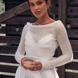 Ivory mohair bridal bolero open back wedding shrug long sleeve knit topper elegant bride cover up for wedding dress