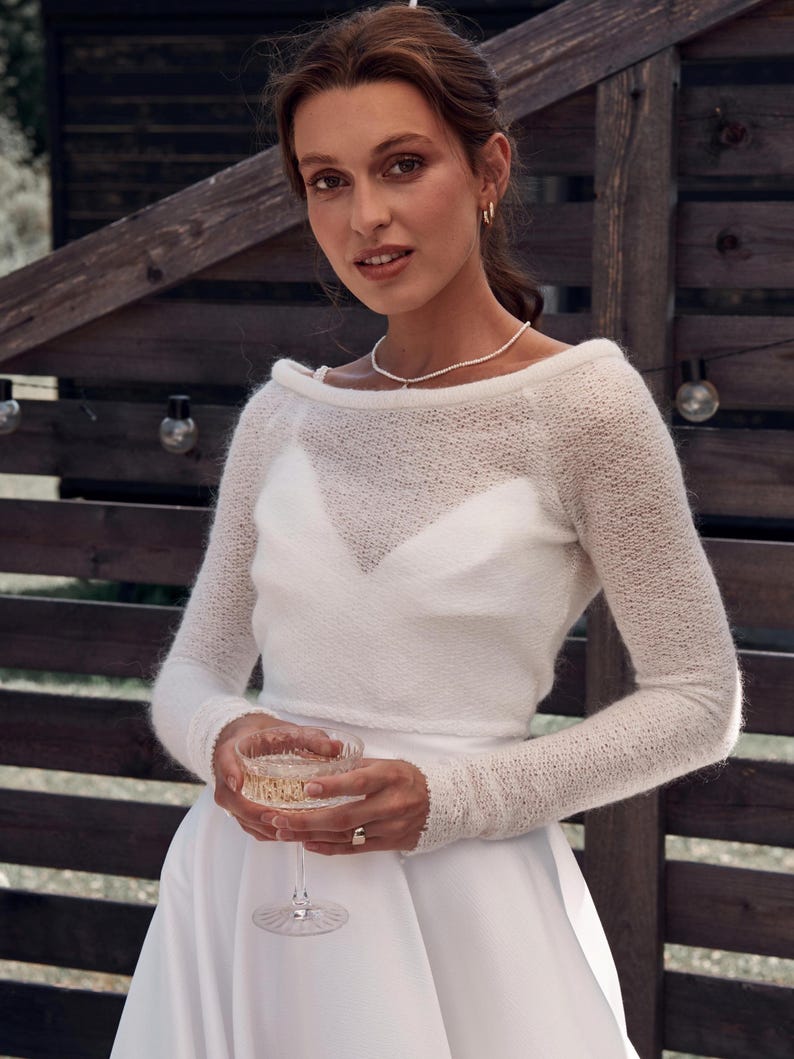 Ivory mohair bridal bolero open back wedding shrug long sleeve knit topper elegant bride cover up for wedding dress