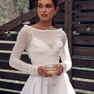 Ivory mohair bridal bolero open back wedding shrug long sleeve knit topper elegant bride cover up for wedding dress