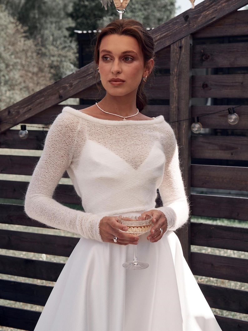 Ivory mohair bridal bolero open back wedding shrug long sleeve knit topper elegant bride cover up for wedding dress