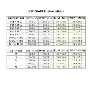 May include: A size chart from EdelweissBride, displaying bust and waist measurements in both centimeters and inches. The chart includes numeric and letter sizes, with corresponding measurements for each.