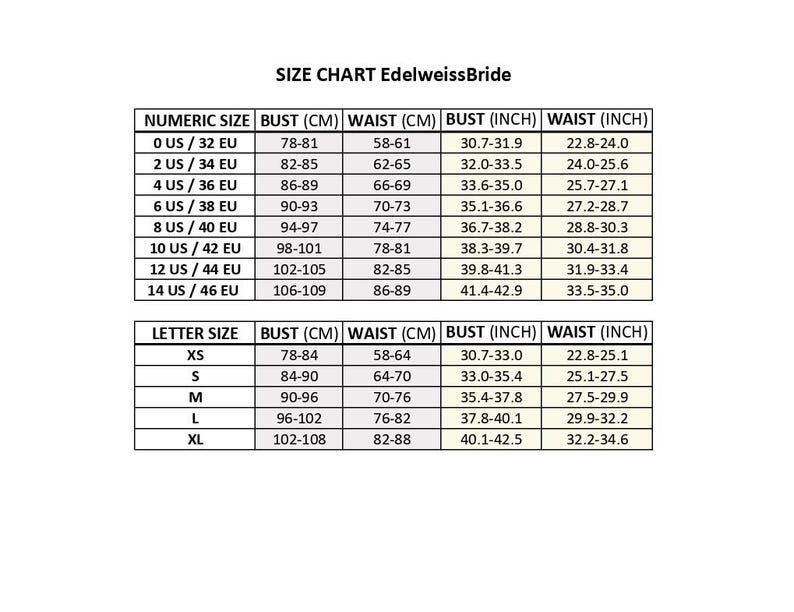 May include: A size chart from EdelweissBride, displaying bust and waist measurements in both centimeters and inches. The chart includes numeric and letter sizes, with corresponding measurements for each.