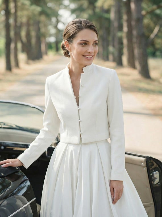 Tailored White jacket cropped blazer warm wedding bolero light ivory long sleeve wedding dress topper wedding separates Modern wedding shrug